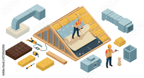 Home renovation and roofing construction scene in isometric style