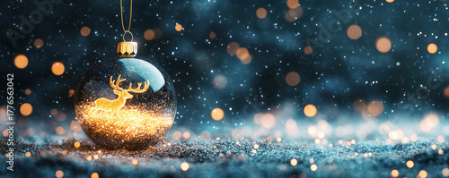 A Christmas ornament ball with of a reindeer figure inside on the background of twinkling lights. Xmas and New Year concept.