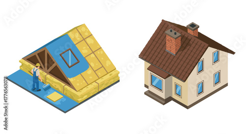 Energy efficient home construction isometric design with roof insulation and renovation