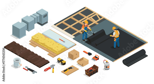 Isometric construction scene with workers installing roof insulation and tools
