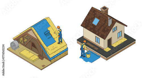 Isometric roof and floor insulation workers applying waterproofing techniques