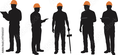 Construction workers silhouette, orange helmet team, site inspection, engineering professionals, surveyor, teamwork, blueprint, industrial job, safety gear, documentation
