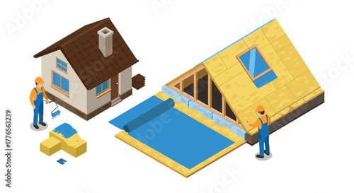 Isometric house construction and insulation process with workers in action