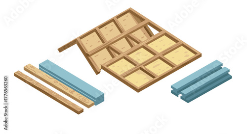 Isometric design of wooden construction components frame, beams, and boards