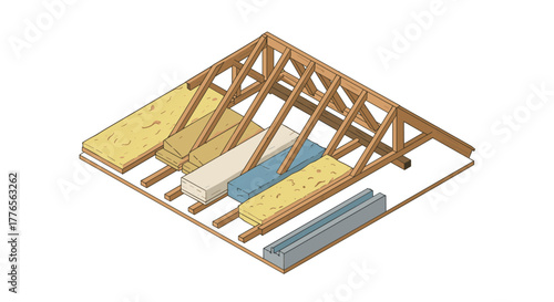 Isometric roof construction with wooden trusses and insulation layers