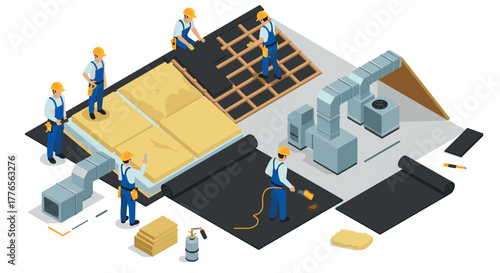 Workers installing insulation and ventilation in isometric construction site
