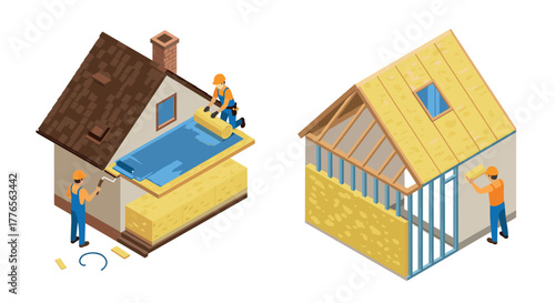 Construction workers installing insulation on house roofs in isometric view