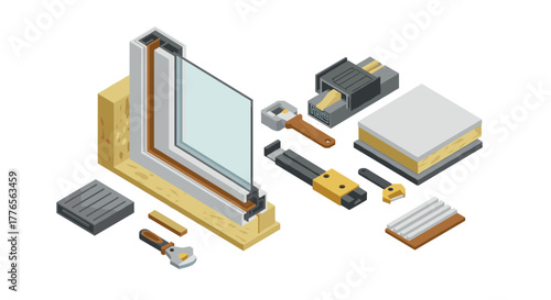Isometric window frame construction with tools and materials