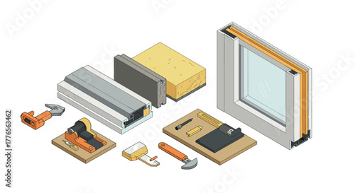 Isometric construction tools and wall components set for building design projects