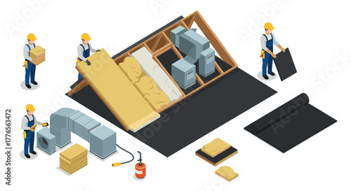 Isometric construction workers installing roof insulation with tools and materials