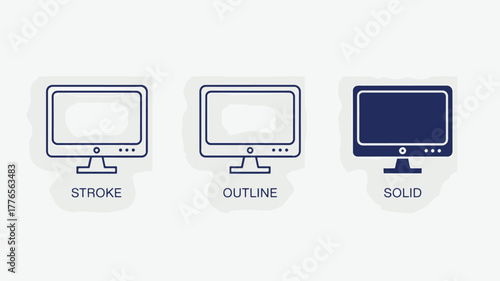 Computer monitor styles stroke, outline, and solid isolated on white background