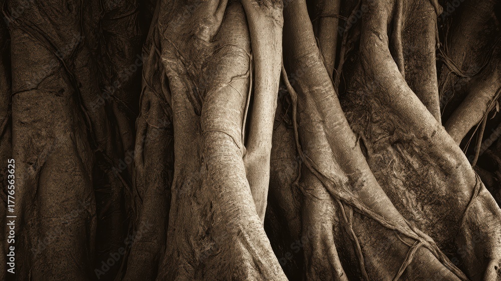 Obraz premium Magnificent banyan tree roots create abstract organic texture forming nature inspired wallpaper background with detailed patterns