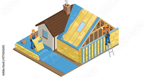 Home construction process with builders installing insulation and roofing in isometric design