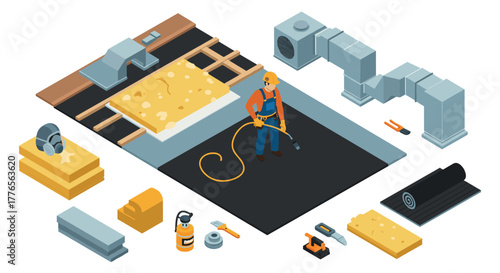Hvac technician installing insulation with tools and equipment in isometric style