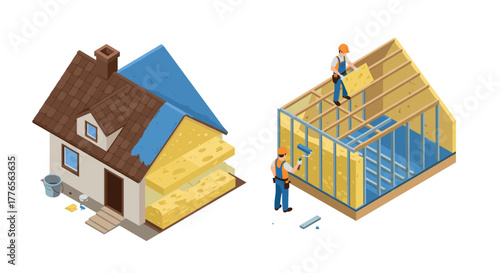 Isometric construction home renovation with builders working on roofing and insulation