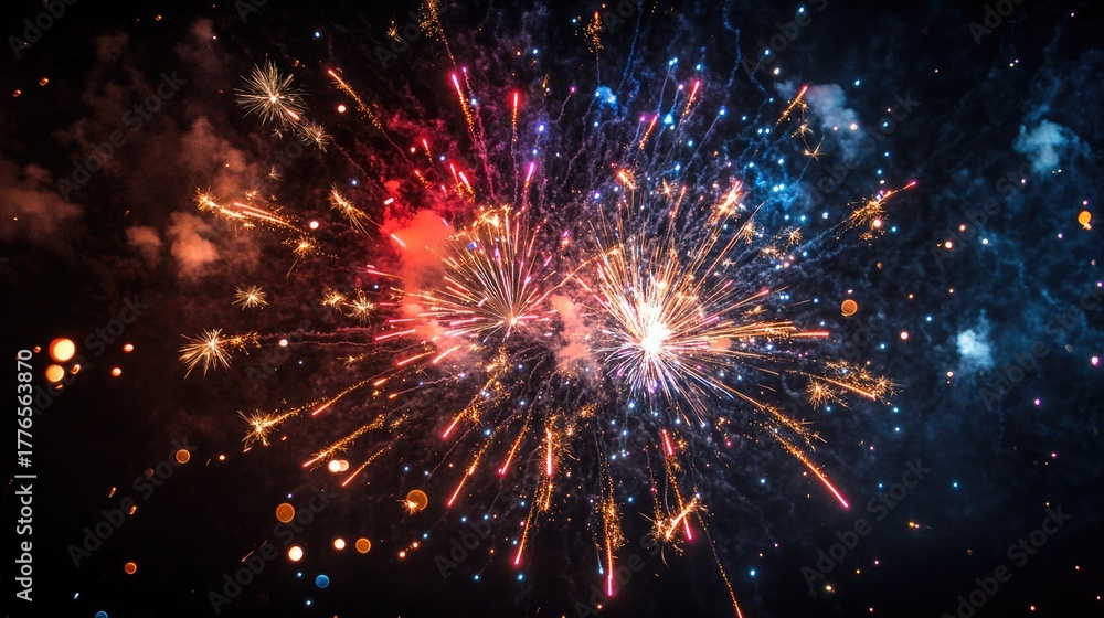 Fototapeta premium Shimmering fireworks explosion showing red, gold, and blue sparks isolated on black background, perfect for holiday celebration theme