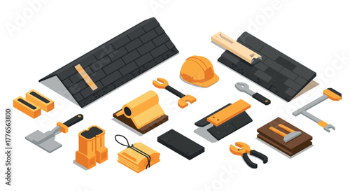 Construction tools and roofing elements isometric set for building projects