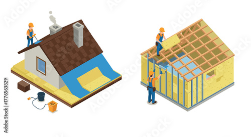 Isometric home construction process with workers installing insulation and roofing