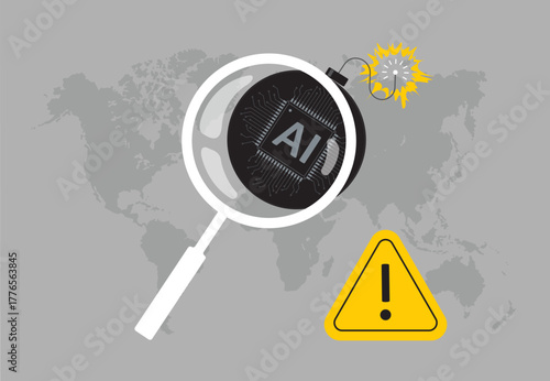 Magnifying glass over speculative artificial intelligence bubble shaped as a bobmb with bickford fuse and world map. Warning symbol about risks of AI bubble bursting potential problems. Flat vector