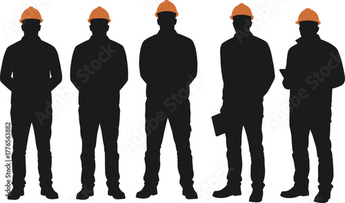 Construction workers silhouette, safety helmets, teamwork, industrial workforce, engineering crew, site inspection, labor team, black silhouette, orange helmet, jobsite unity