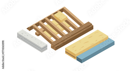 Isometric illustration of construction materials including pallet and planks