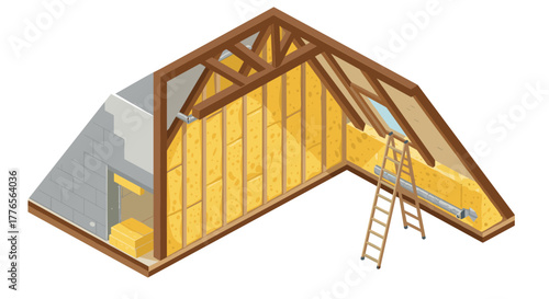 Attic insulation process in modern home with isometric cutaway view