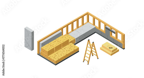 Isometric construction site with wall frames and building materials