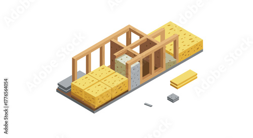 Isometric wooden house construction with building materials and foundation elements
