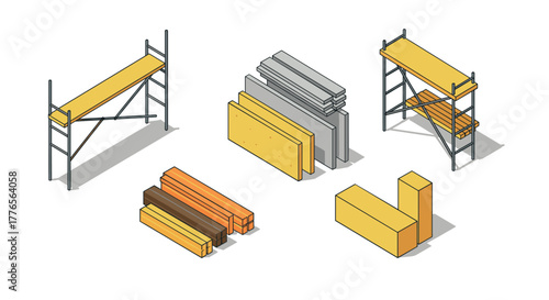 Construction materials set with scaffolding and wooden beams in isometric design