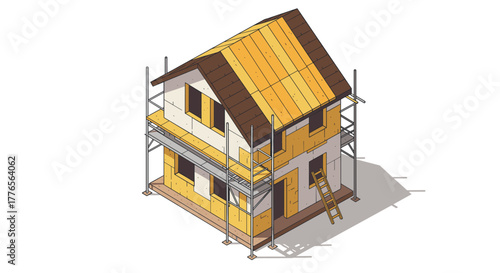 Isometric view of incomplete wooden house with construction scaffolding