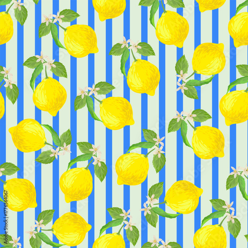 Lemon seamless citrus vector pattern on striped background. Hand drawn illustration with lemons.	
