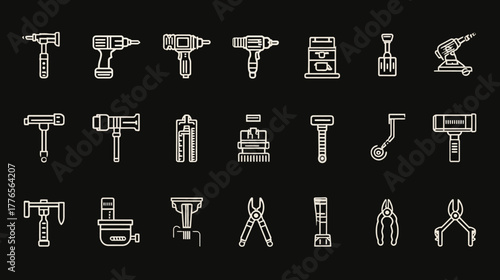 Chalkboard Style Icon Set of Various Construction and Workshop Tools.