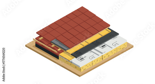 Isometric roof construction layers with different materials
