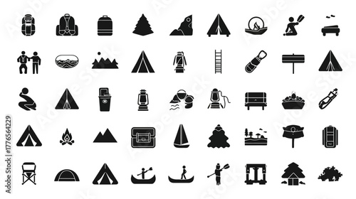 Camping and outdoor adventure icons representing various activities and equipment.