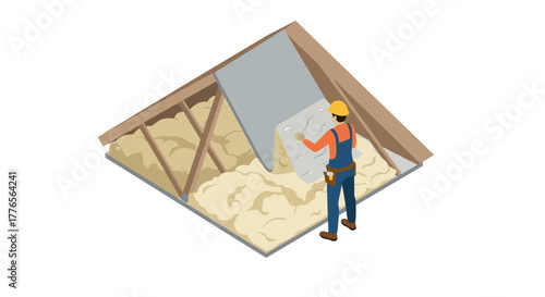 Home renovation worker installing insulation in attic for energy efficiency