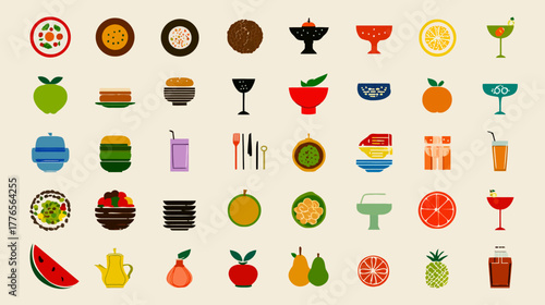 Collection of assorted food and drink icons in flat design style.
