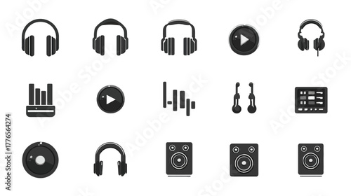 Collection of Audio and Music Related Icons in Black and White.