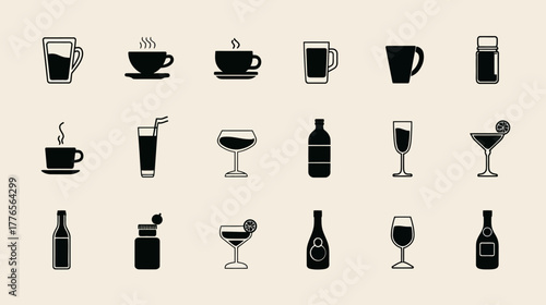Collection of black silhouette drink and beverage icons.