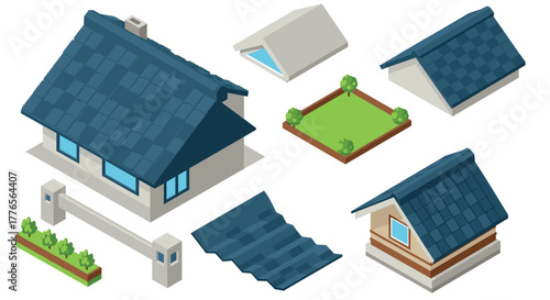 Isometric house elements with roofs, garden, and fence for architectural design