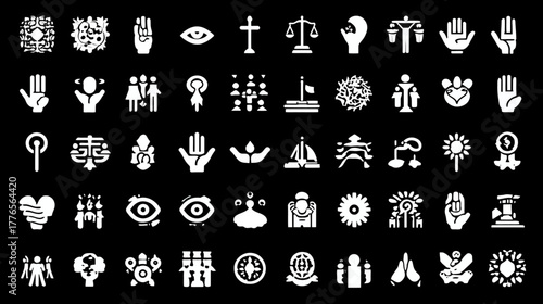 Collection of diverse white spiritual and symbolic icons on a black background.