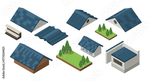 Isometric roof elements and miniature houses with trees