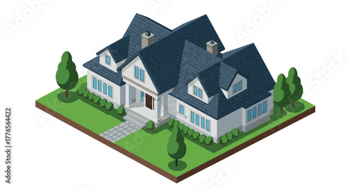 Charming isometric suburban house with trees and garden on a peaceful lawn