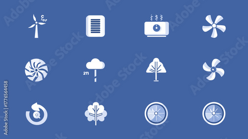 Collection of Environmental and Industrial Icons Representing Sustainability and Technology.