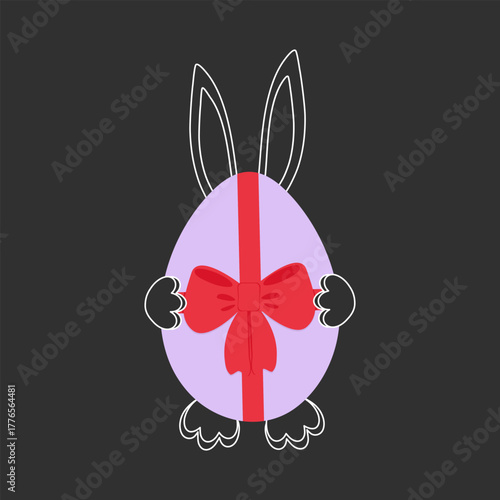 Outline Easter Bunny Hold Egg with Tied Ribbon bow Light Contour on Dark Easter Greeting Design idea. Isolated Vector illustration Greeting Holiday Thematic Cards, posters, media post Banner, leaflets