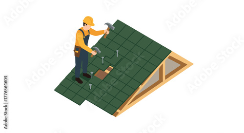 Modern isometric construction worker fixing roof with tools