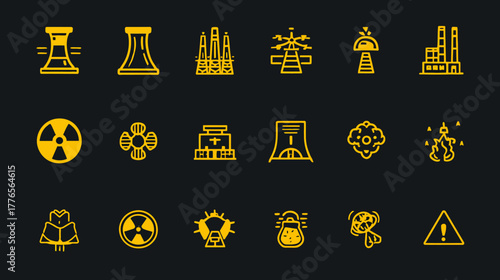 Collection of Industrial and Scientific Icons Representing Energy and Technology.