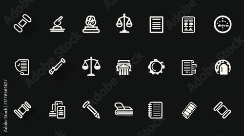 Collection of legal and justice-related icons in a clean, minimalist style.