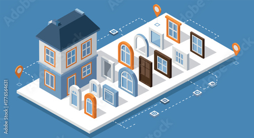 Isometric home layout with door and window options for customization