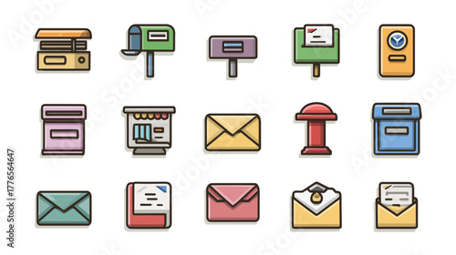 Collection of Mail and Postal Service Icons Representing Communication and Delivery.