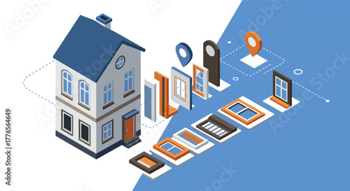 Charming isometric house construction set with modular building blocks for creative design projects